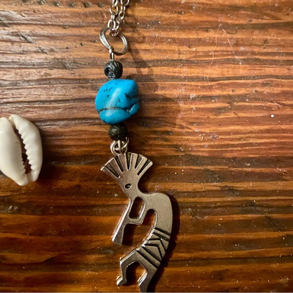 Silvertone Tribal Pendant large Kokopelli with Blue howlite nugget & lava beads - Picture 6 of 8